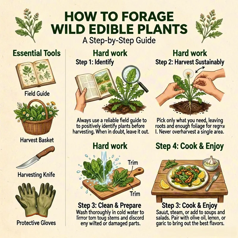 How to Forage Wild Edible Plants — A Step-by-Step Guide showing essential tools, plant identification, sustainable harvesting, cleaning and preparation, and cooking with wild greens